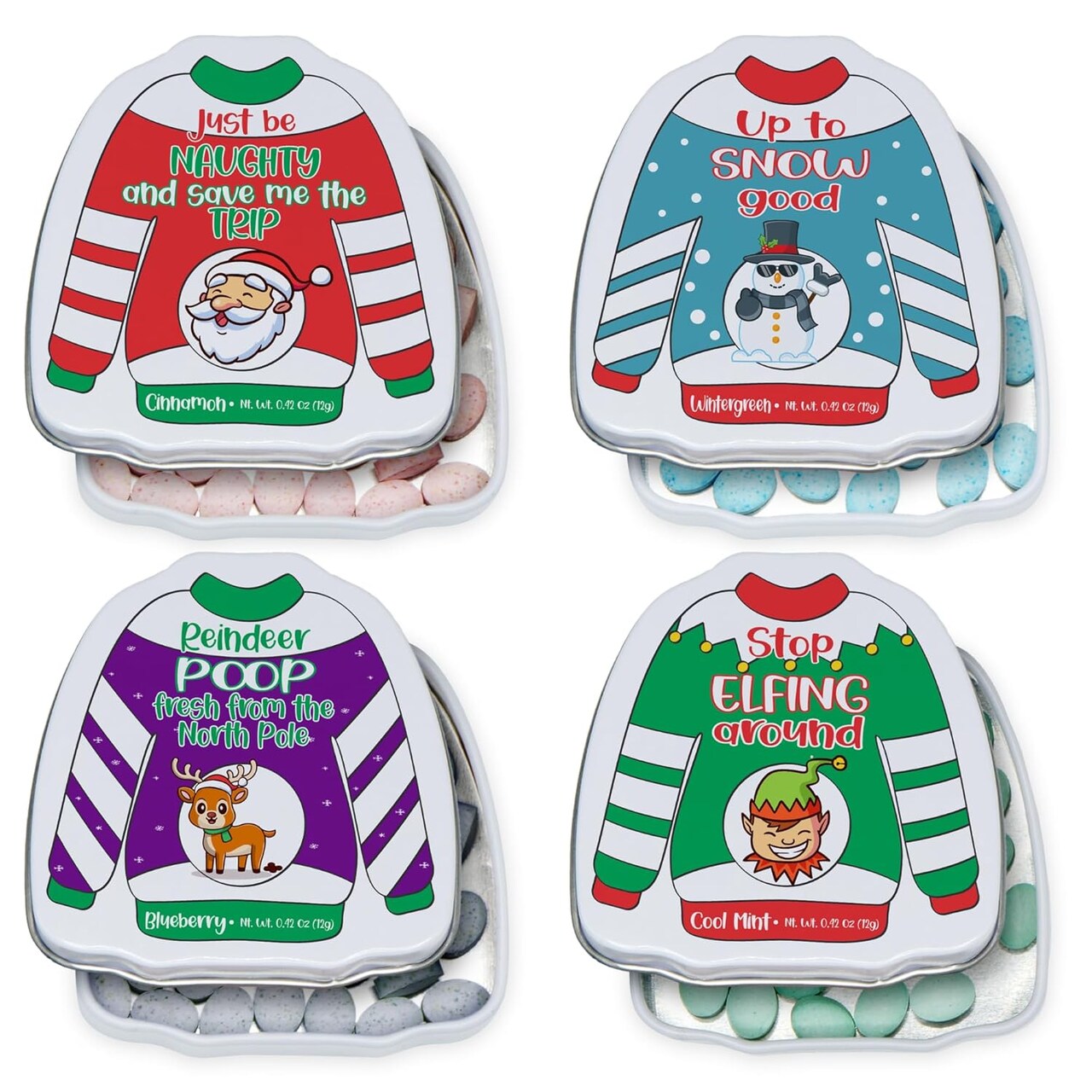4E's Novelty Christmas Poop Mint Candy Tins 4 Pack – Funny Breath Mints in Ugly Sweater Tins, Stocking Stuffers for Kids, Teens & Adults, Hilarious Christmas Candy Gag Gift & White Elephant Surprise